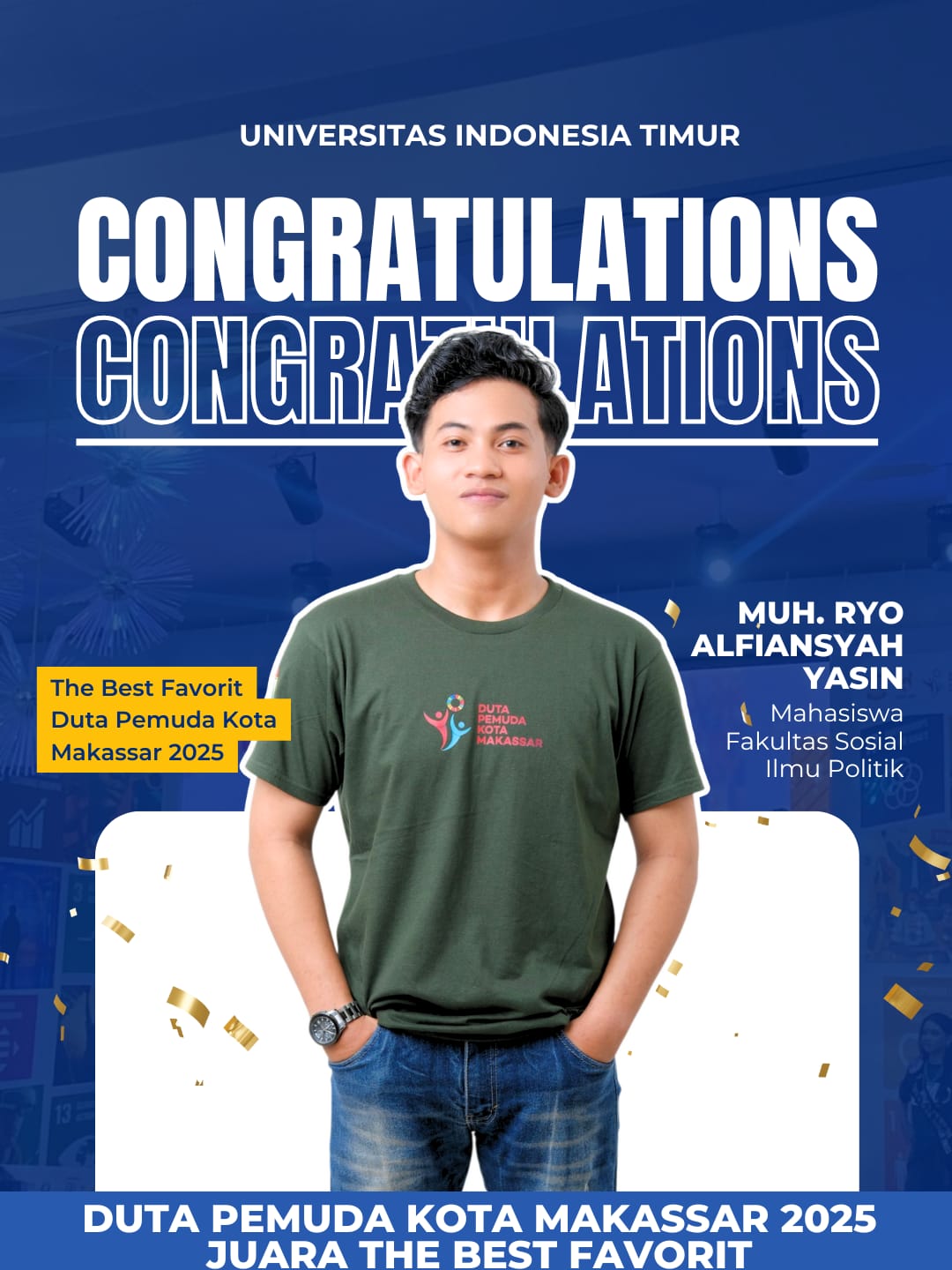 Muh. Ryo Alfiansyah Yasin Mahasiswa FISIP UIT Juara 4 Duta Pemuda Kota Makassar 2025